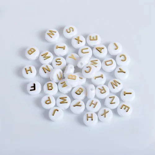 Acrylic Beads, Flat, Round, Alphabet, Letter, Opaque, White, Gold, Mixed, A-Z, 10mm