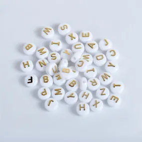 Acrylic Beads, Flat, Round, Alphabet, Letter, Opaque, White, Gold, Mixed, A-Z, 10mm