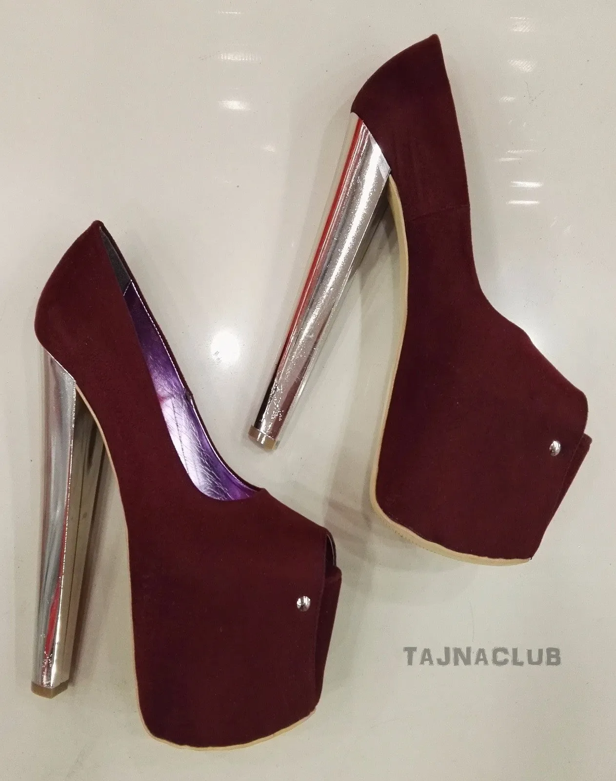 Burgundy Suede Super Platform Metallic 20 cm High Heels