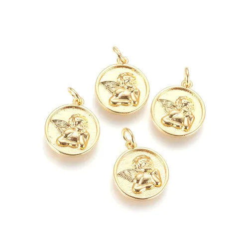 Charms, Raphael Angel, Single-Sided, Flat, Round, Golden, Brass, 15mm