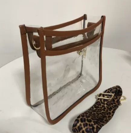 Clear Stadium Crossbody Bag With Leopard Strap- Tan