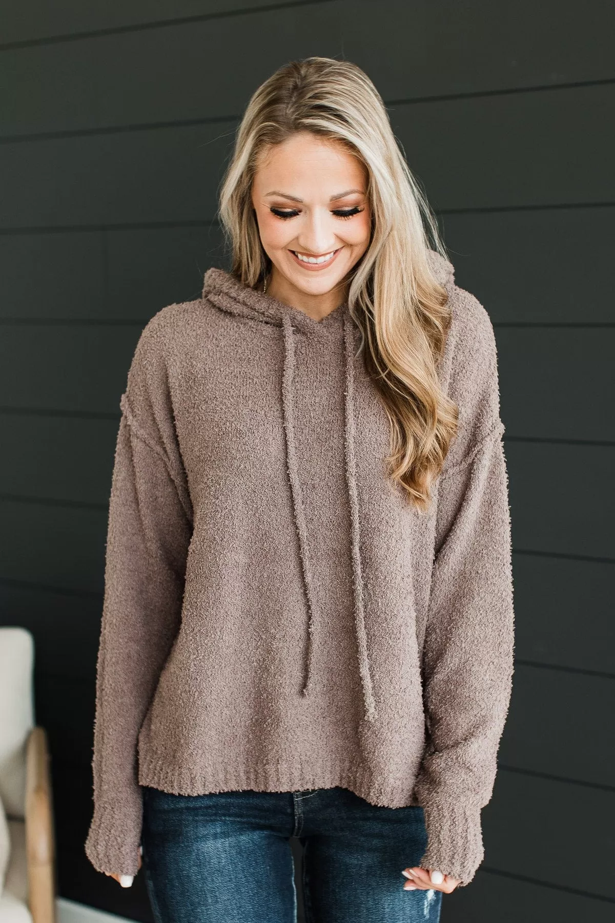 Compelled By You Fuzzy Knit Hoodie- Dark Mocha