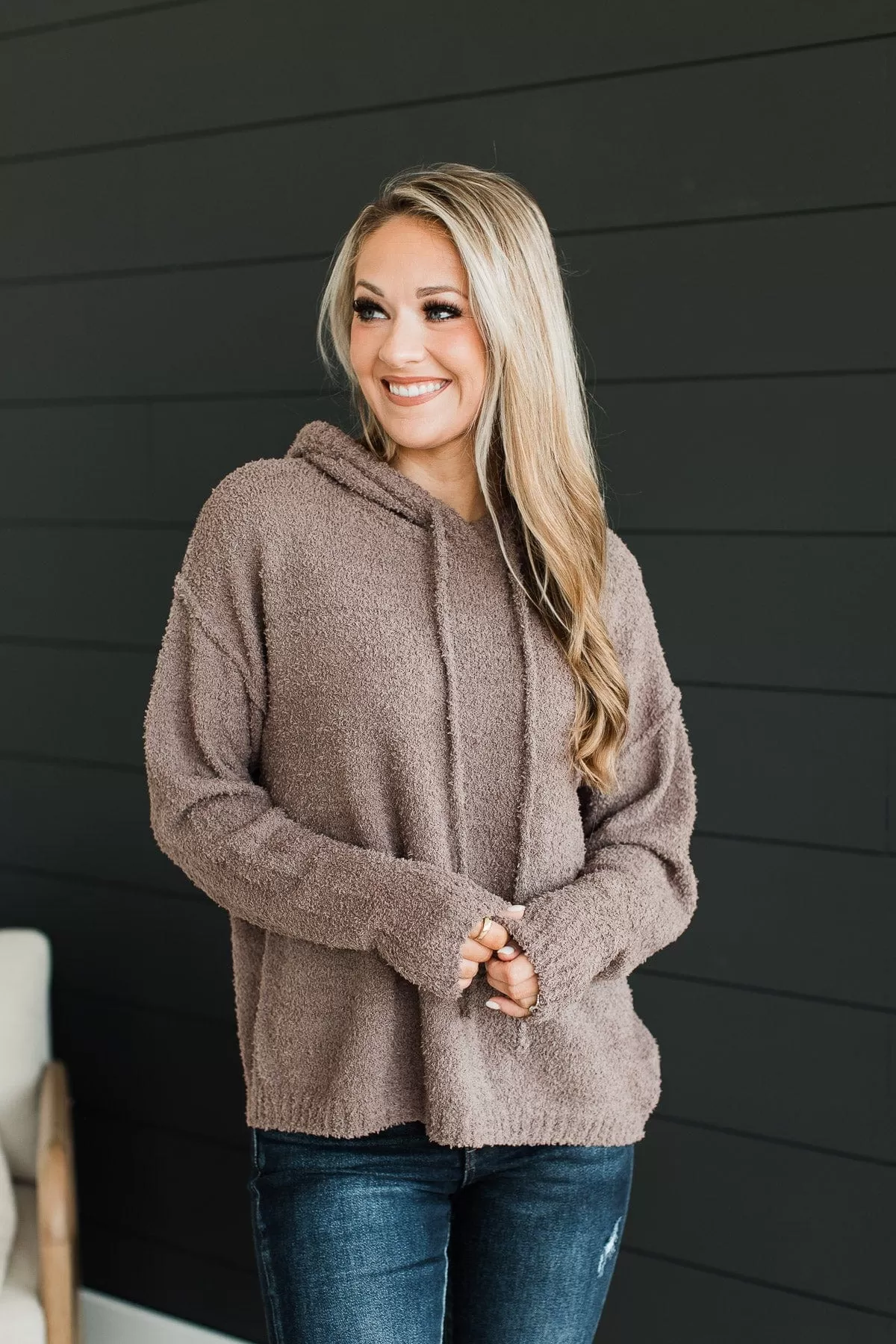 Compelled By You Fuzzy Knit Hoodie- Dark Mocha