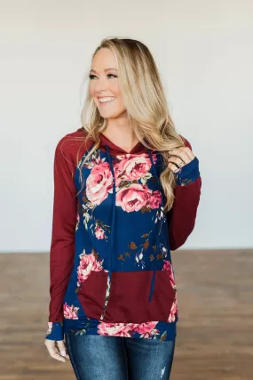 Day Is Made Floral Drawstring Hoodie- Navy & Burgundy