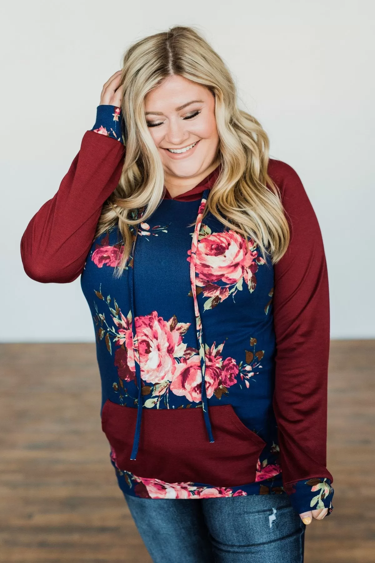 Day Is Made Floral Drawstring Hoodie- Navy & Burgundy