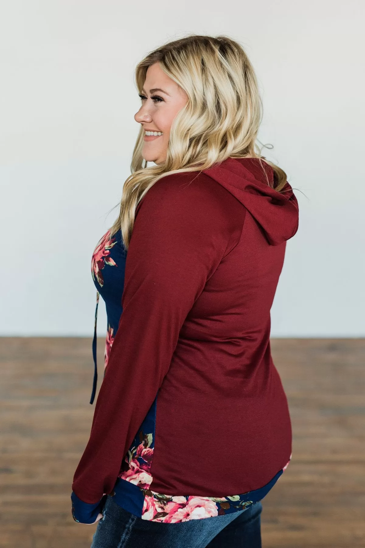 Day Is Made Floral Drawstring Hoodie- Navy & Burgundy