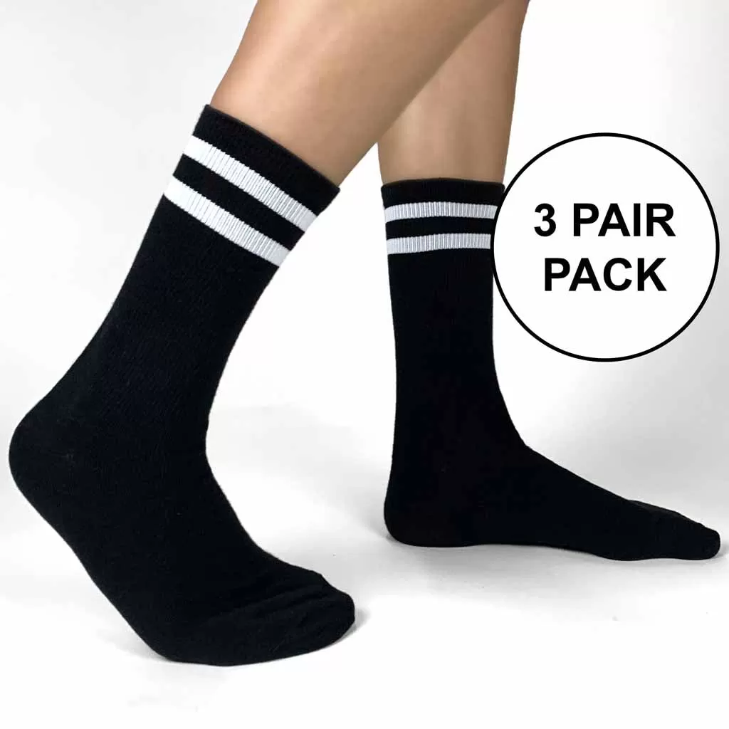 Large Basic Striped Crew Socks in Black or White - 3 Pack