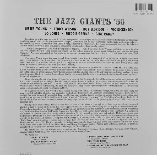 Lester Young, Teddy Wilson, Roy Eldridge, Vic Dickenson, Jo Jones, Freddie Green, Gene Ramey ~ The Jazz Giants '56