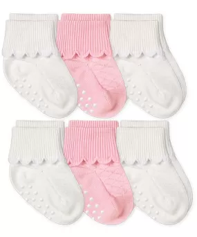 Non-Skid Scalloped Turn Cuff Socks 6 Pair Pack