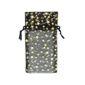 Organza Drawstring Gift Bags Black w/ Gold Stars 3x4 in, 12 Bags Per Pack