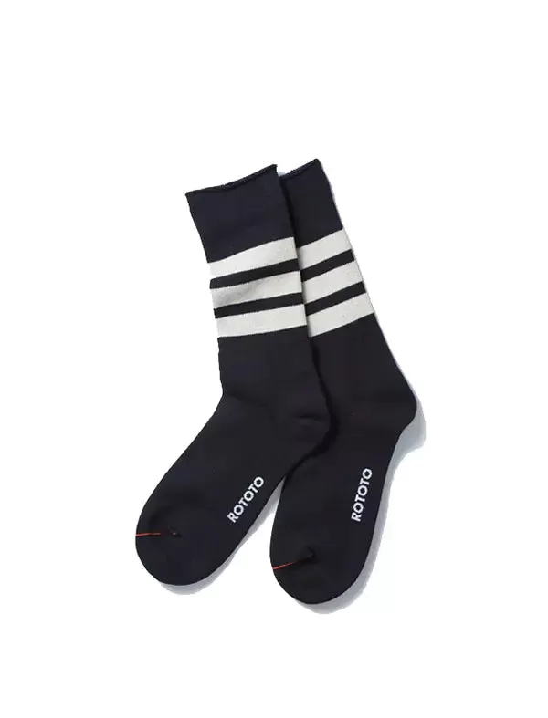 Rototo Fine Pile Striped Crew Socks Black / Raw Beige