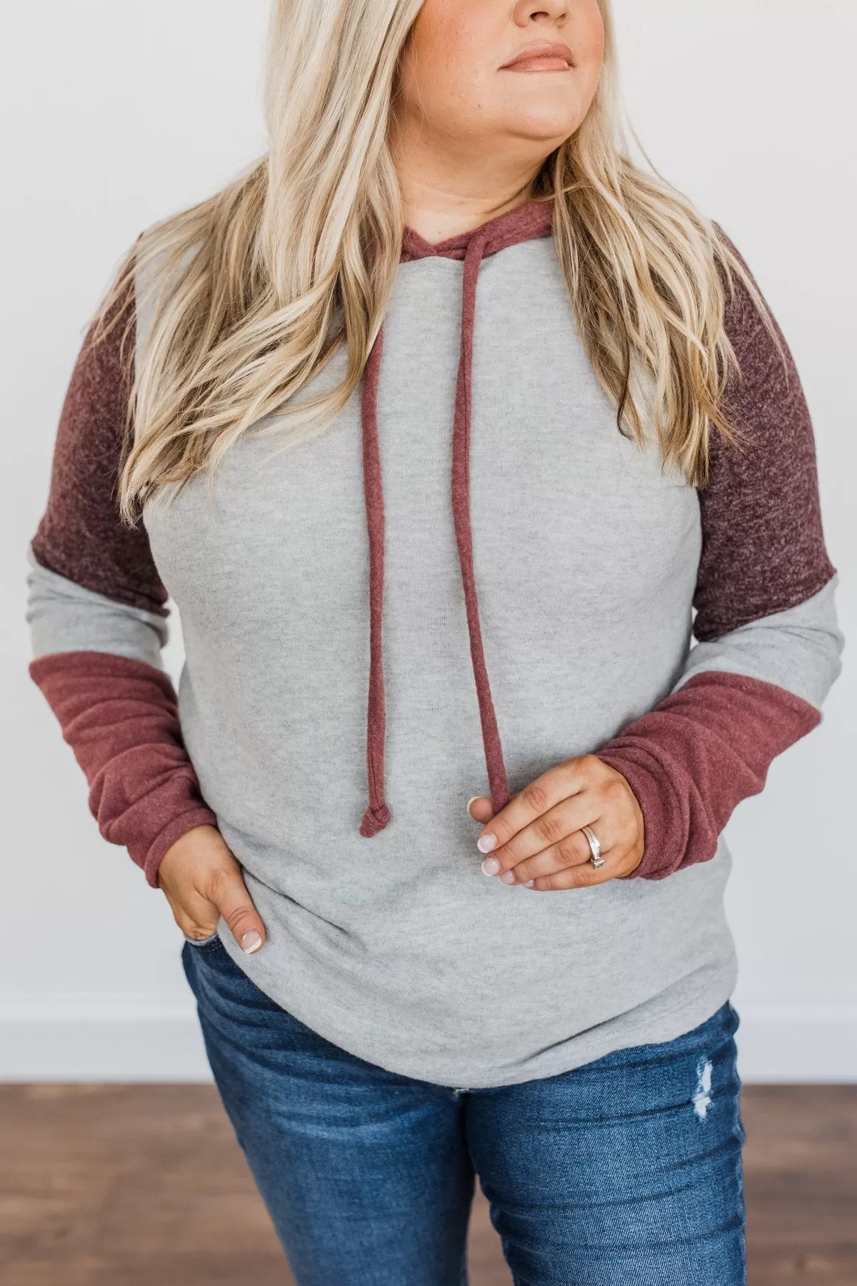 Snuggle Up Close Color Block Hoodie- Grey & Brick