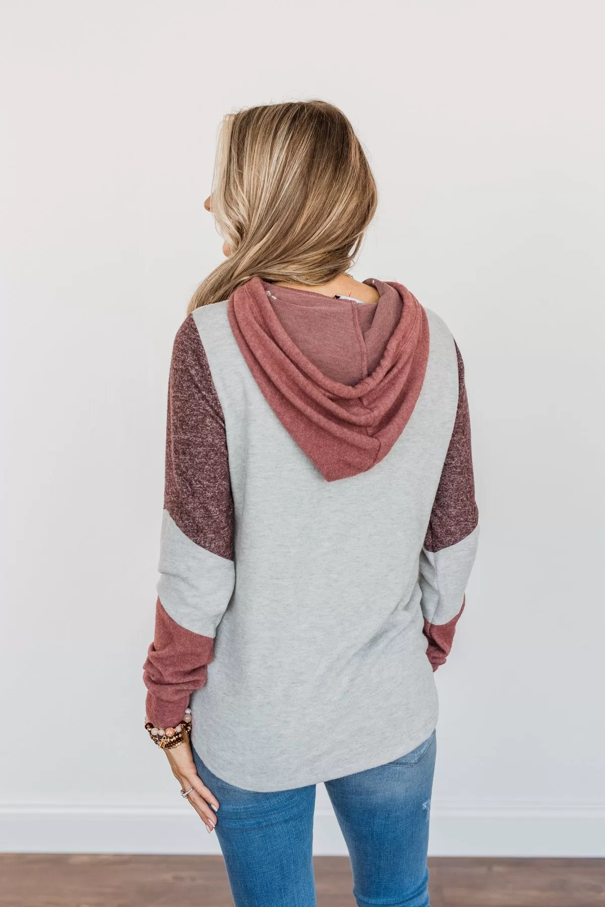 Snuggle Up Close Color Block Hoodie- Grey & Brick