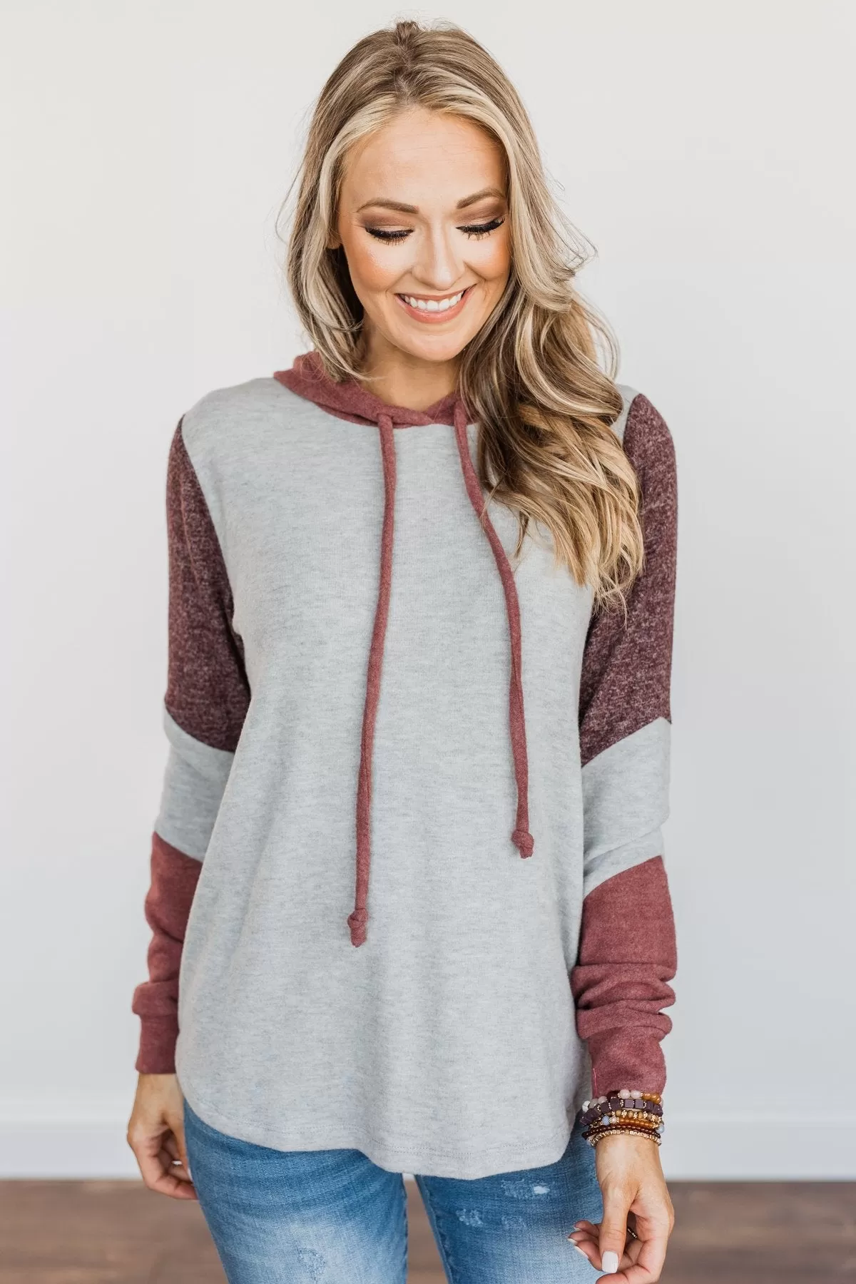 Snuggle Up Close Color Block Hoodie- Grey & Brick