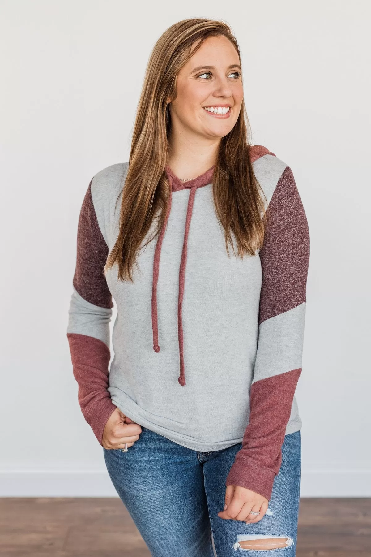 Snuggle Up Close Color Block Hoodie- Grey & Brick