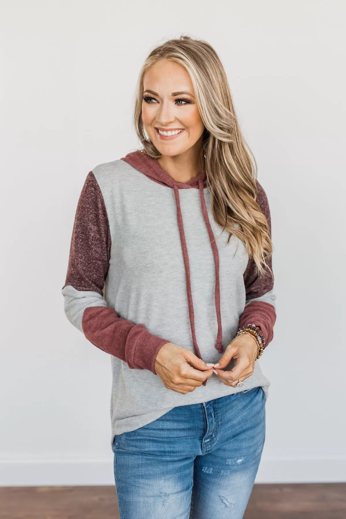 Snuggle Up Close Color Block Hoodie- Grey & Brick