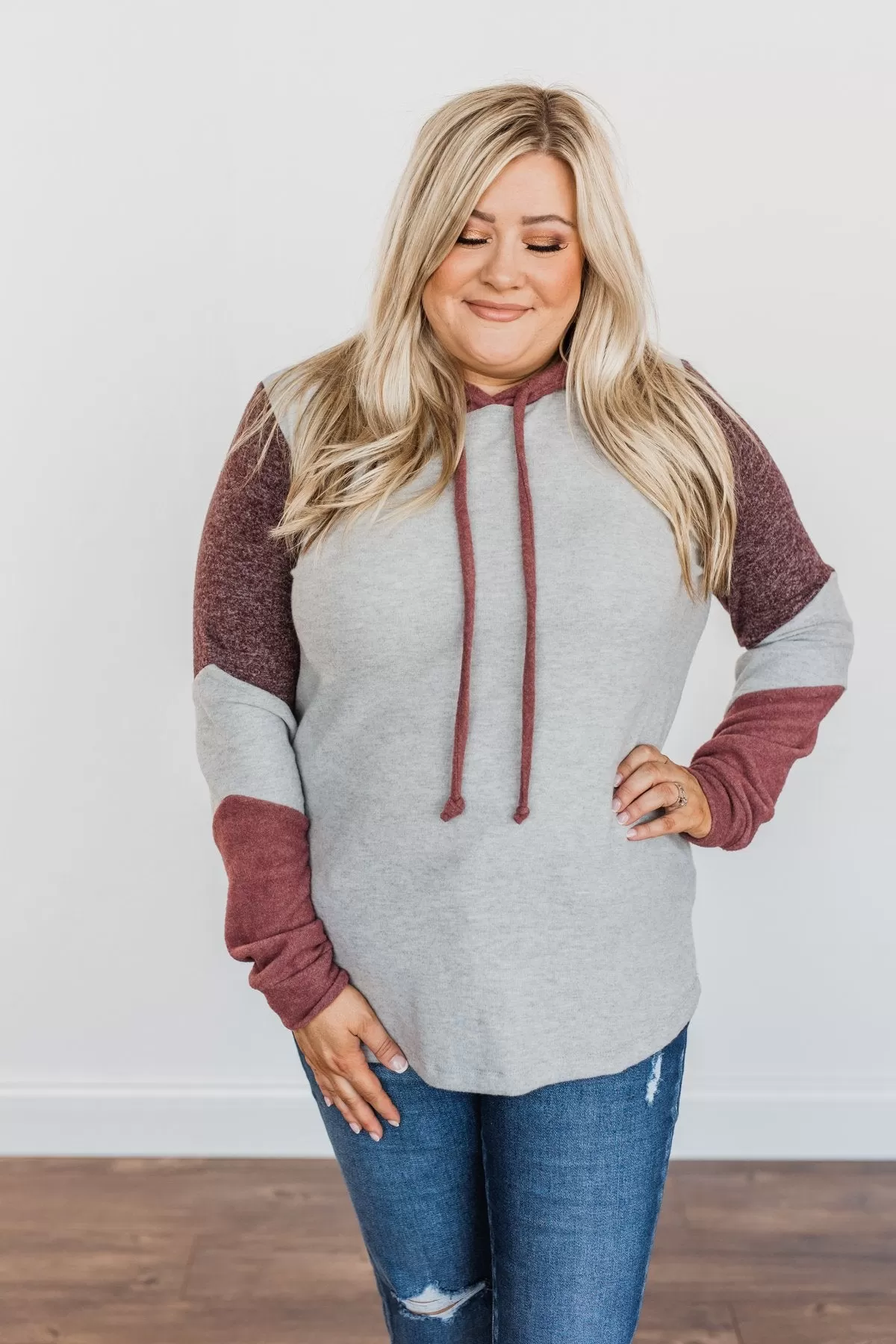 Snuggle Up Close Color Block Hoodie- Grey & Brick