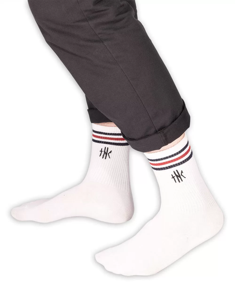 Socks - Calf High Tube Socks Thc Embroidery White W/ Red/Blue Stripe