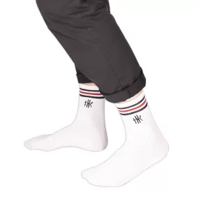 Socks - Calf High Tube Socks Thc Embroidery White W/ Red/Blue Stripe