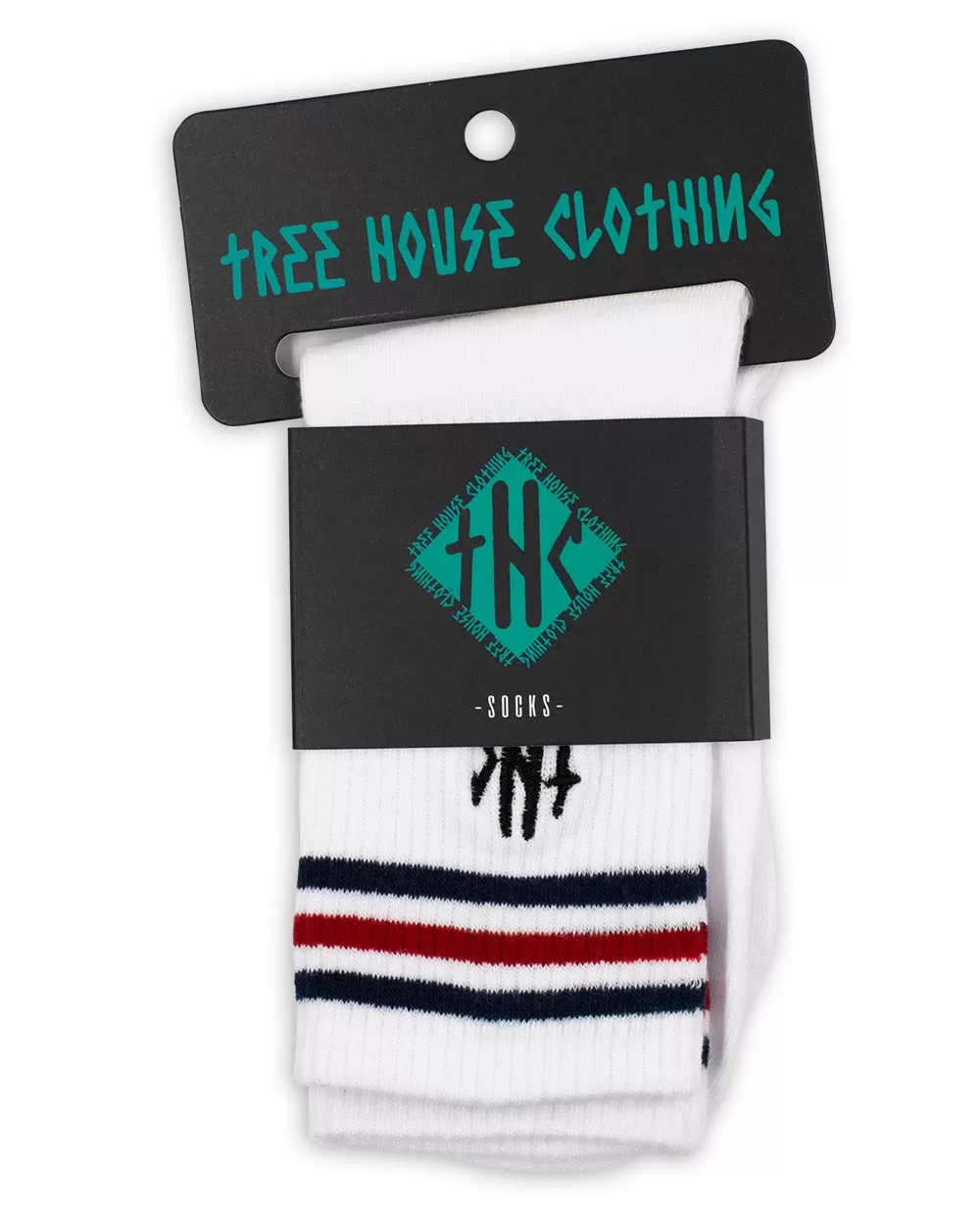 Socks - Calf High Tube Socks Thc Embroidery White W/ Red/Blue Stripe