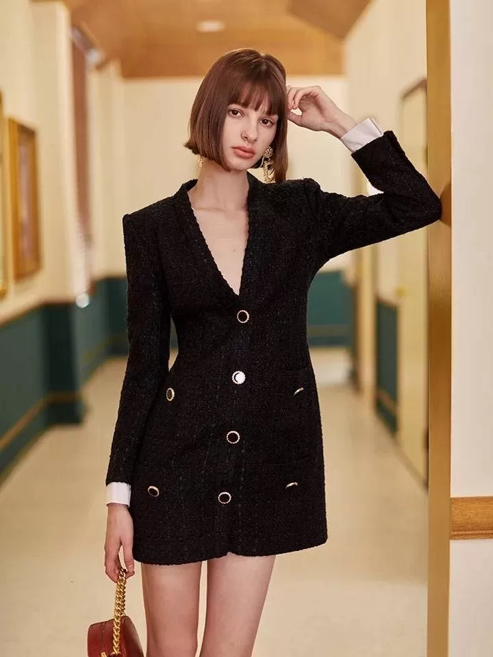 Tweed Gold Buttoned Blazer Dress in Black