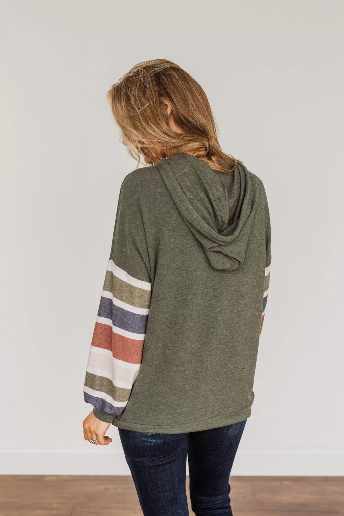 Words Of Wisdom Striped Drawstring Hoodie- Dusty Green