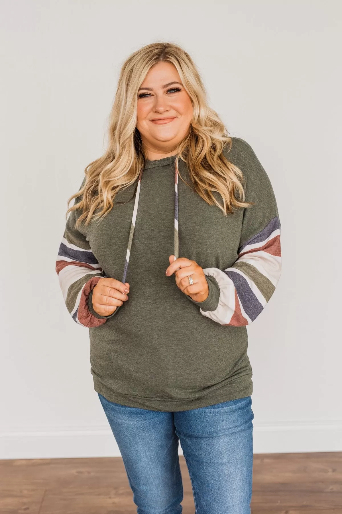 Words Of Wisdom Striped Drawstring Hoodie- Dusty Green