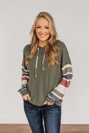 Words Of Wisdom Striped Drawstring Hoodie- Dusty Green