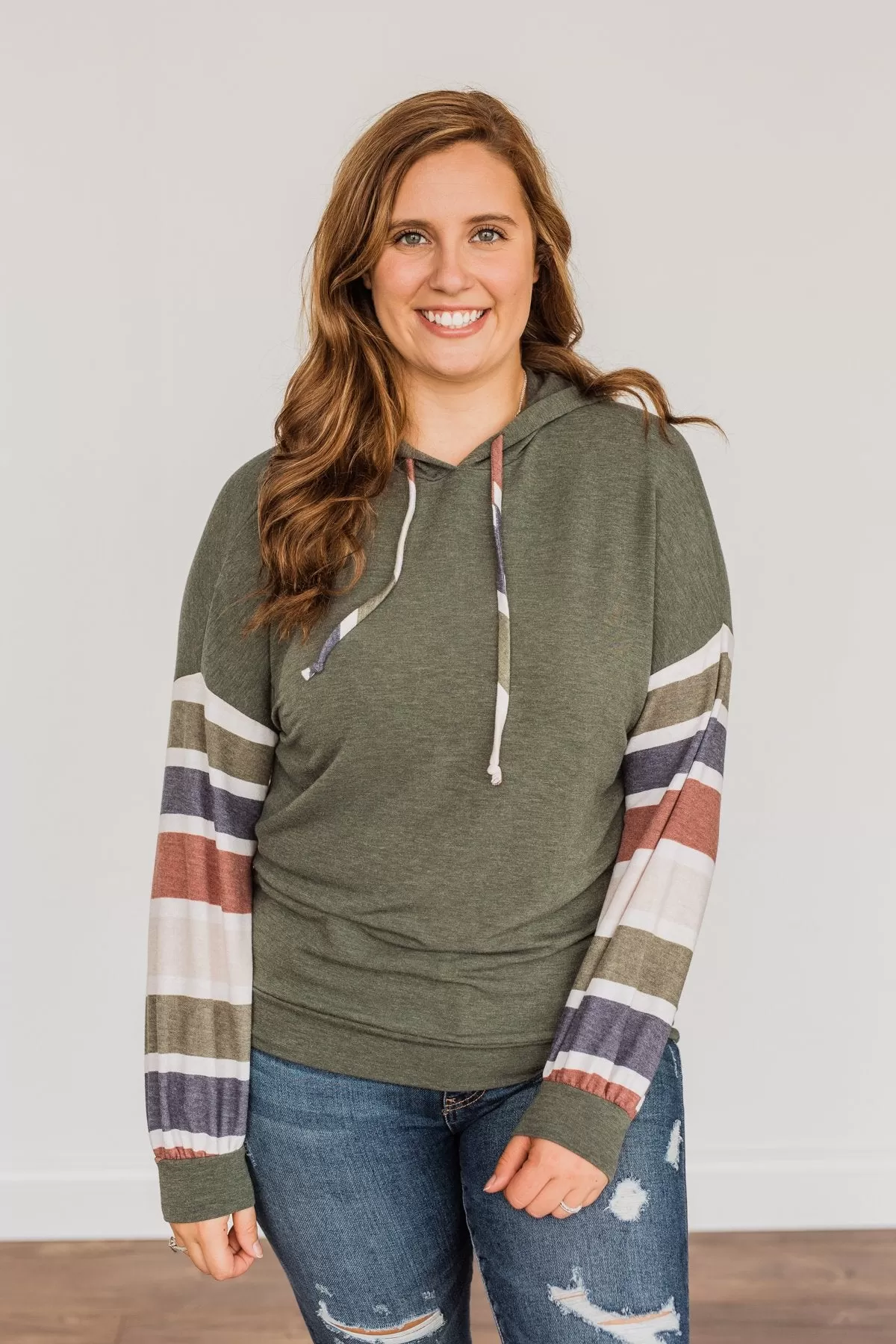 Words Of Wisdom Striped Drawstring Hoodie- Dusty Green