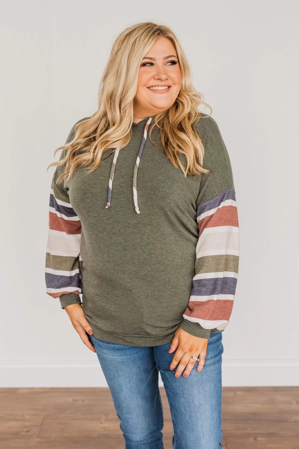 Words Of Wisdom Striped Drawstring Hoodie- Dusty Green