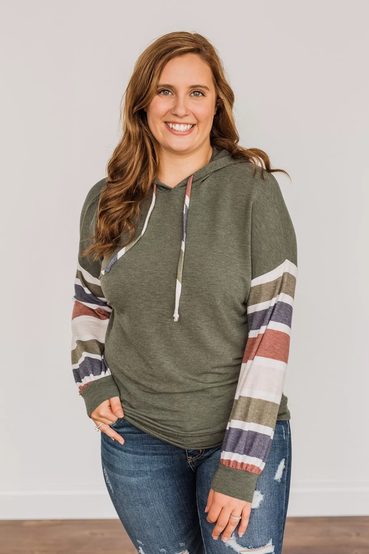 Words Of Wisdom Striped Drawstring Hoodie- Dusty Green