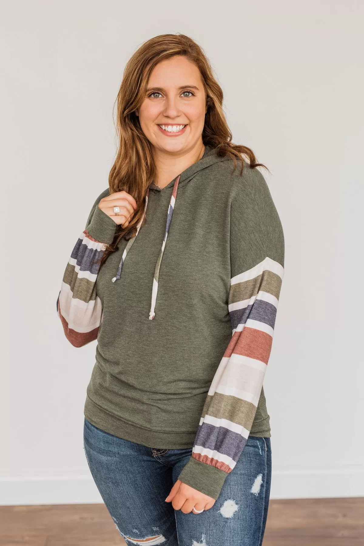 Words Of Wisdom Striped Drawstring Hoodie- Dusty Green