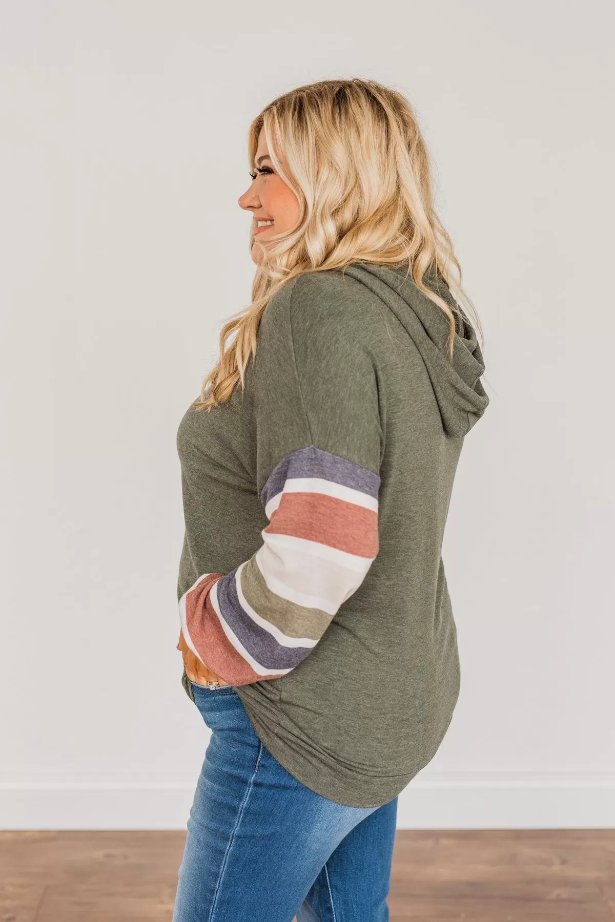 Words Of Wisdom Striped Drawstring Hoodie- Dusty Green