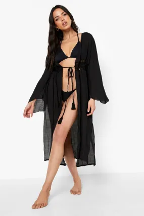 Woven Ladder Trim Tie Waist Beach Kimono