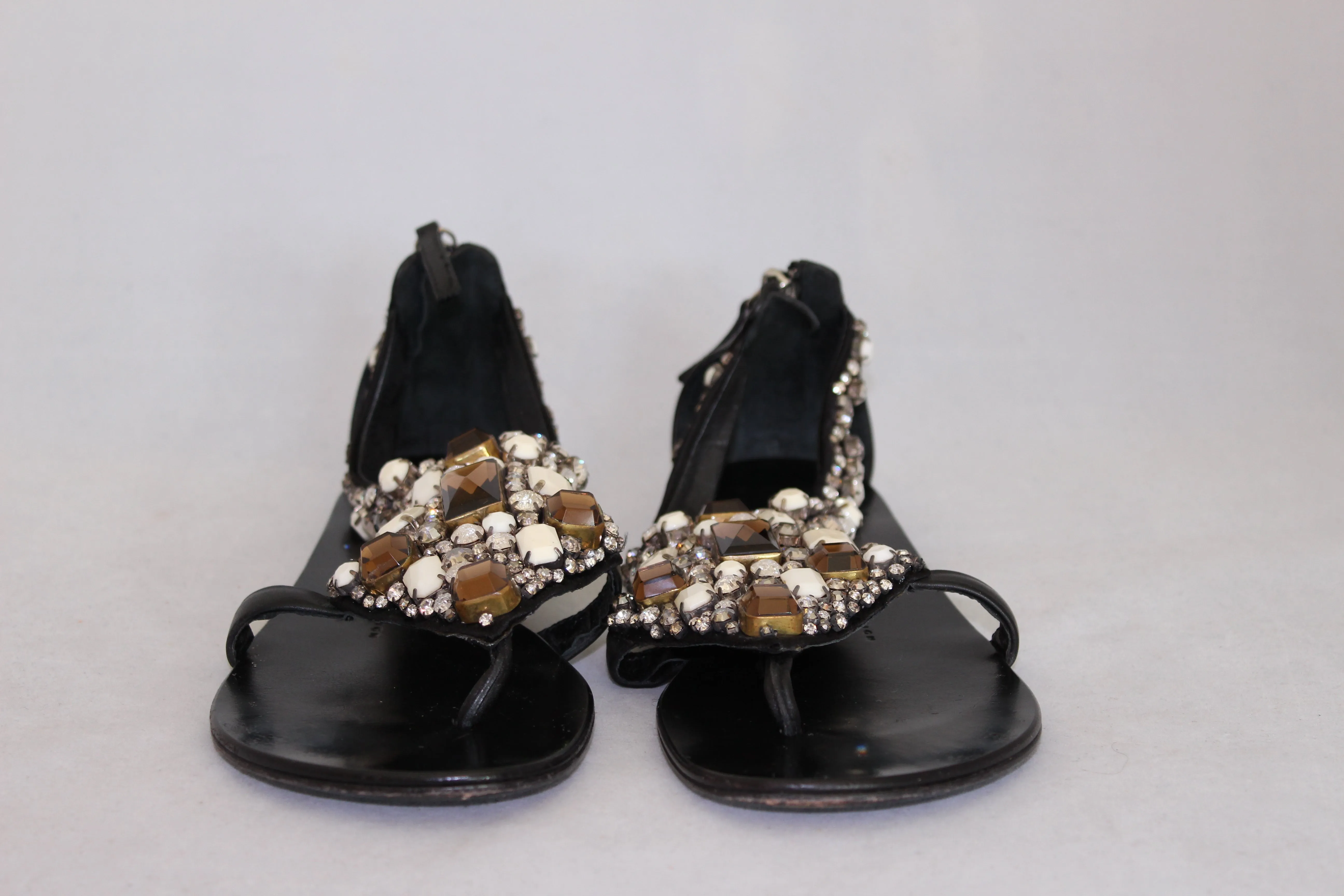 Zanotti Sandali infradito flat neri con applicazione strass - N. 37